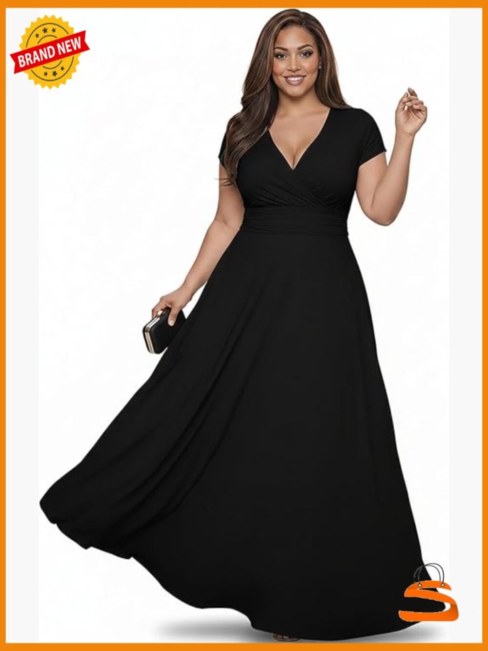 Plus Size Short Sleeve V-Neck Flowy Maxi Dress Empire Waist Cocktail Gown